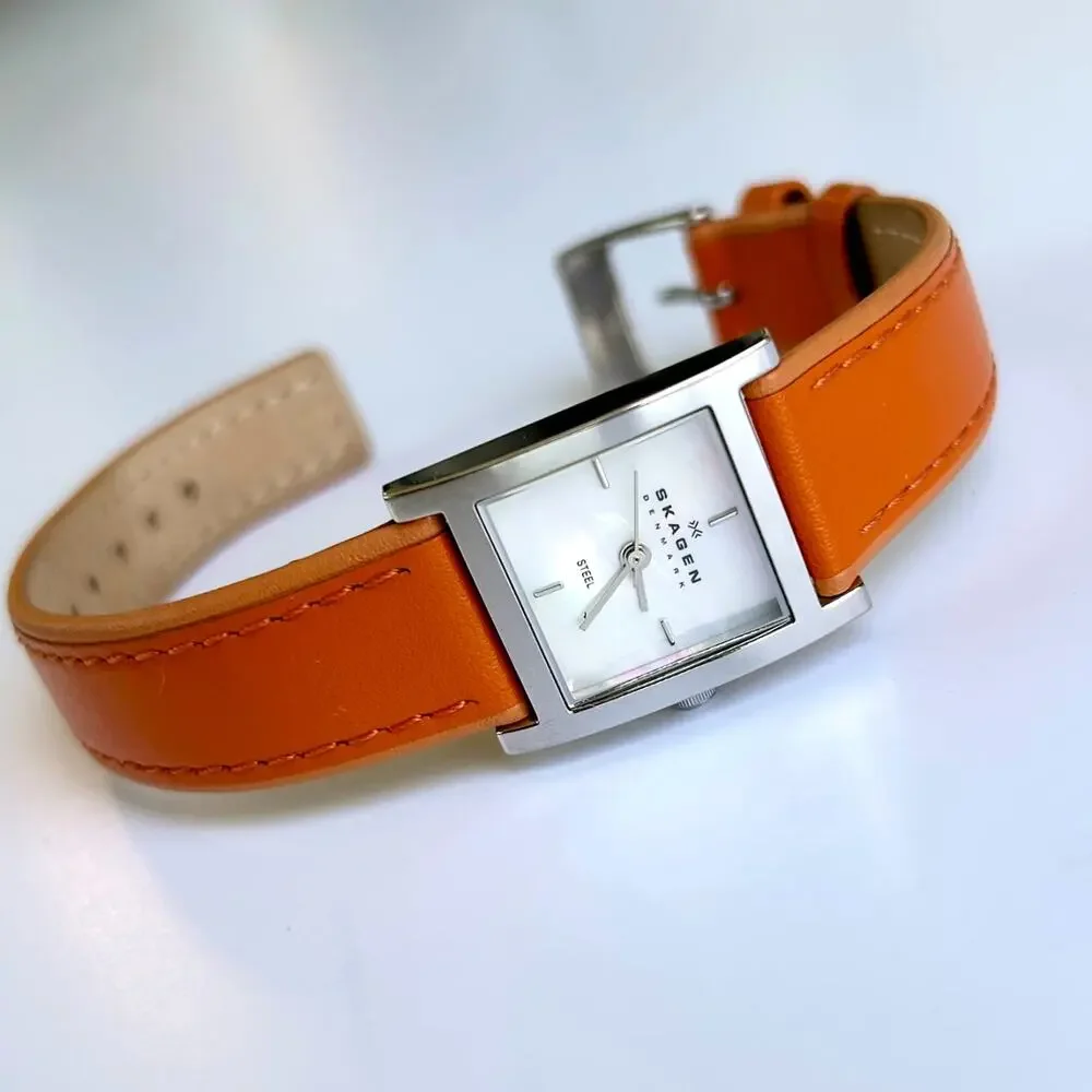 Skagen Denmark Square Watch Mother of Pearl Orange Leather Strap 2000s Vintage - Picture 1 of 14